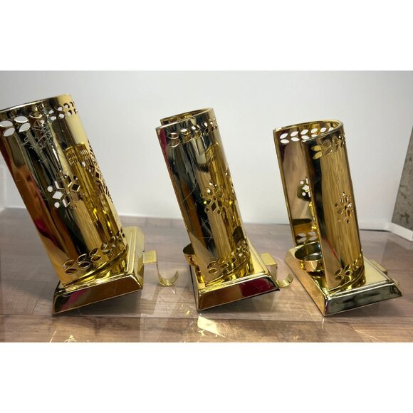 Set Of 3 Gold Metal Snowflake Stocking Holders With Candle Holder Inserts - Picture 5 of 6